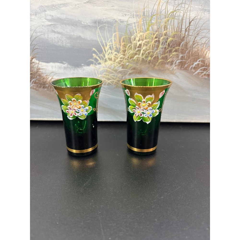 Vintage Bohemian Emerald Green Glass Shot Glasses Hand Painted Enamel Gold Gilt